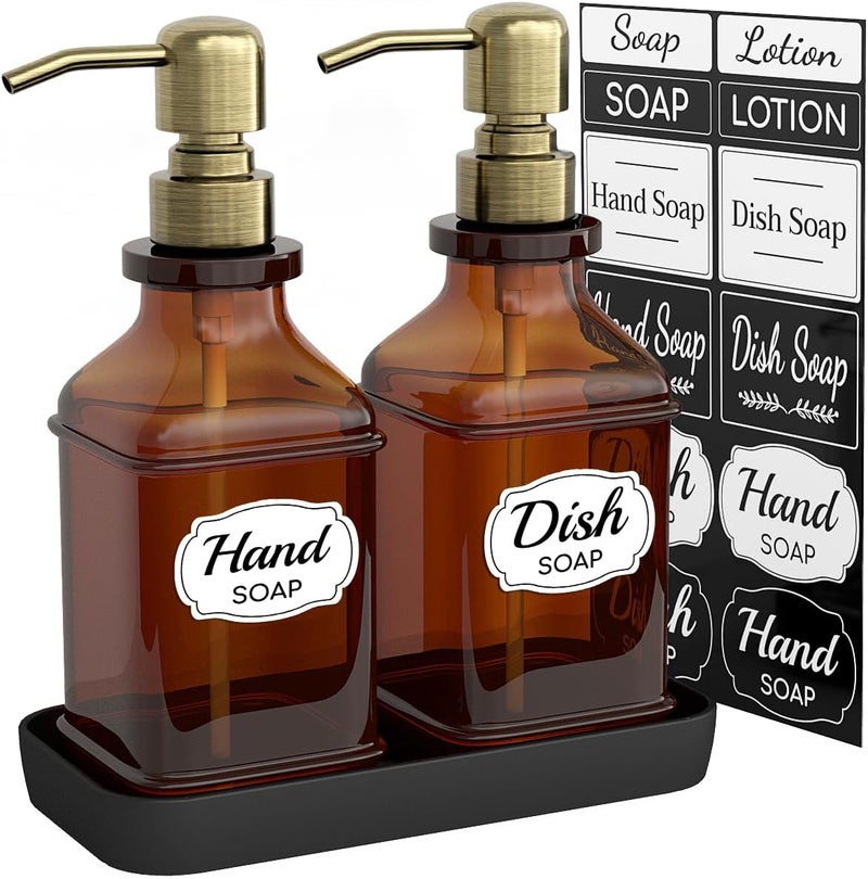 LMQML Soap Dispenser - 2 Pack, Antique Design Thick Amber Glass Hand Soap Dispensers with Sturdy Tray; 304 Rust Proof Stainless Steel Black Pump, 12Pcs Stickers, for Kitchen, Bathroom - Brushed Gold - Image 1